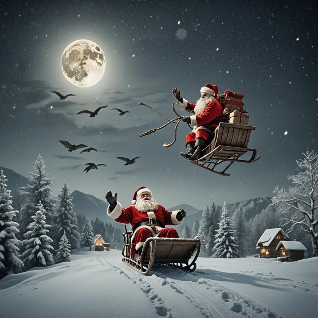 Santa claus flying with his sledge in detail with snow lands...