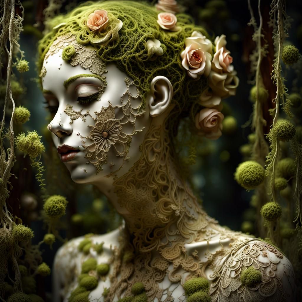 a rotting forgotten broken mannequin, covered in delicate filigree ...