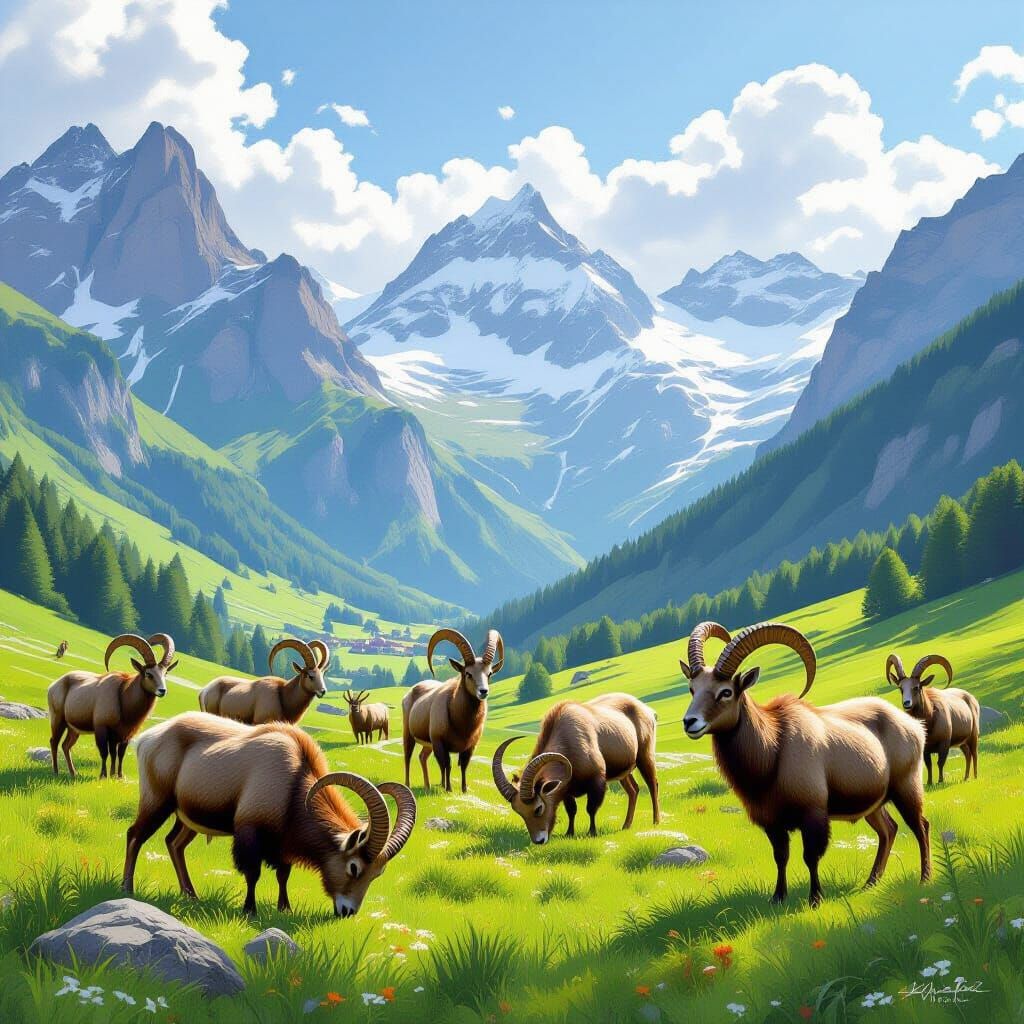 Majestic Ibex Herd in Swiss Alps Concept Art