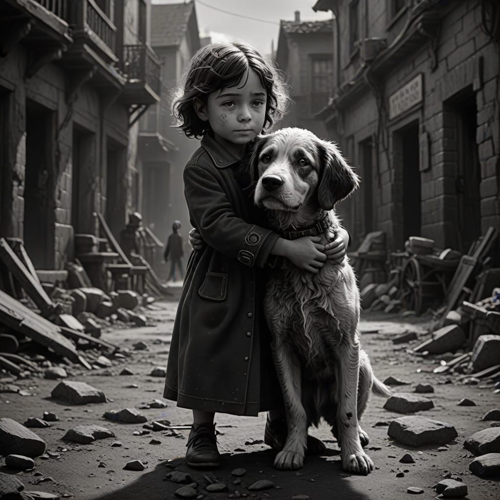 Only in black and white... no colors anywhere. An old movie-style image of a dog being hugged by a child ...  by @Hani1