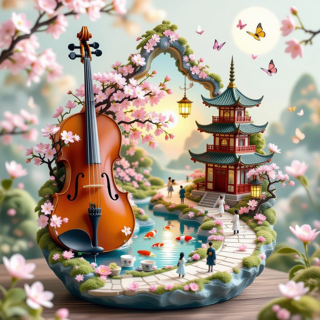 A surreal cello transformed into a miniature springtime world. The cello’s body is carved with cherry blossoms, frangipani, and Peranakan ti...