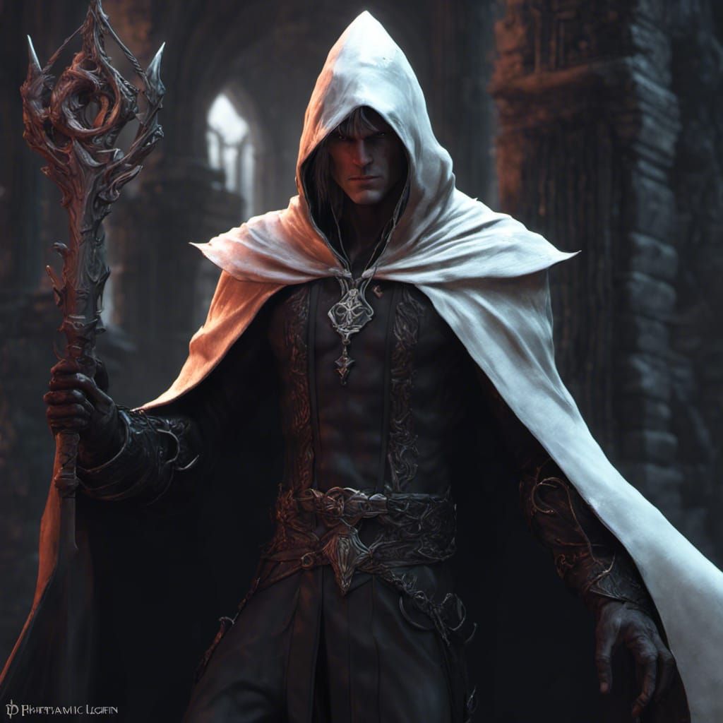 Pasty elven rouge. Male. Dark Black cloak. Dagger. Shadowy figure. Tall ...