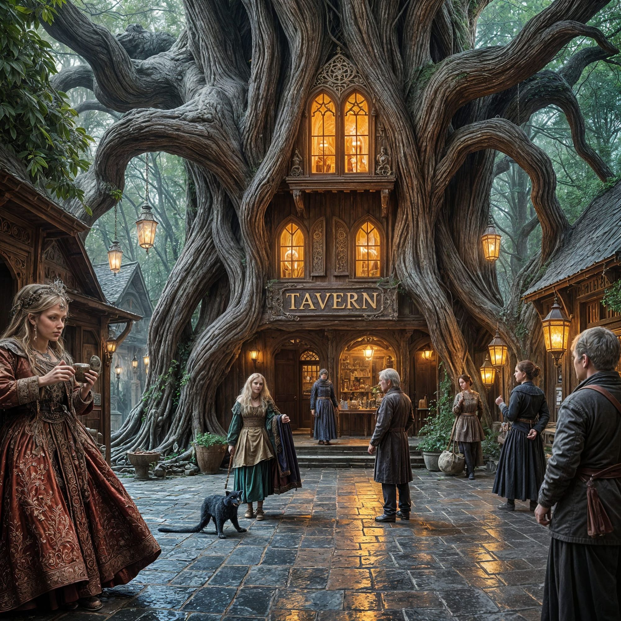  A colossal, ancient tree with a fantastical tavern built into its side, warm glowing windows, intricate wooden carvings, and twisting roots...