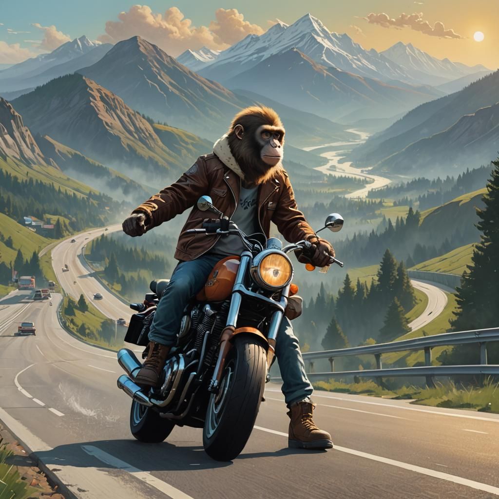Monkey Biker on Harley Davidson, Hyperrealistic 8k