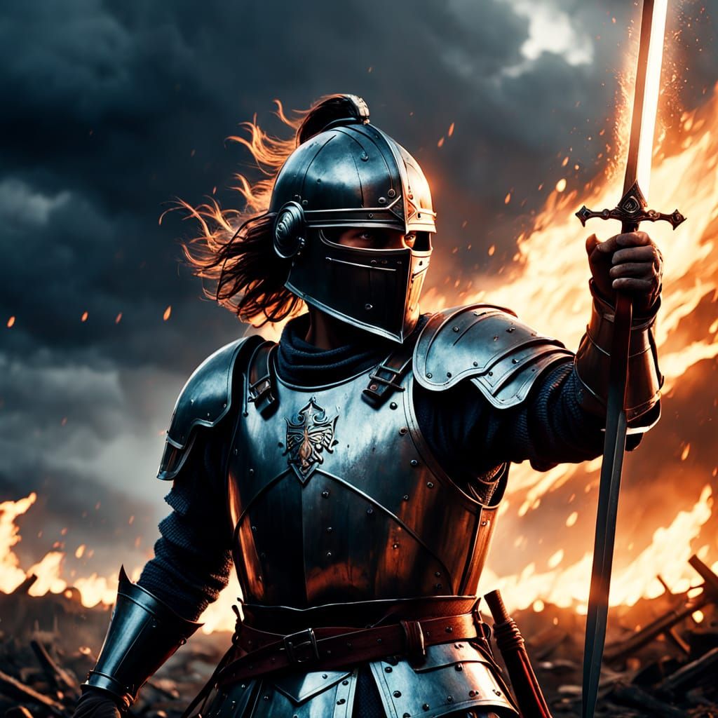 Epic Knight in Fiery Explosion - High Contrast Film Style