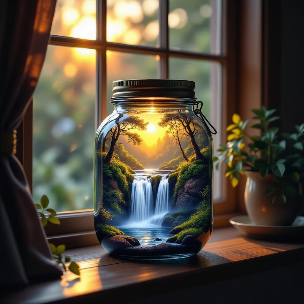 A waterfall scene inside a glass jar sitting on a windowsill of a cozy family room  by @VeganTrekfan