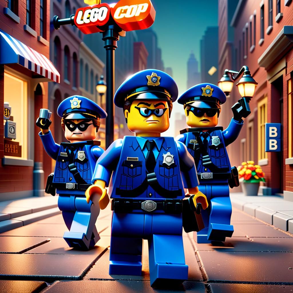 LEGO Keystone Cops attempting to apprehend a masked bank robber. Pixar ...