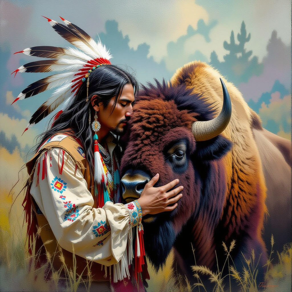 An  American Comanche Indian man is showing affection to a B...