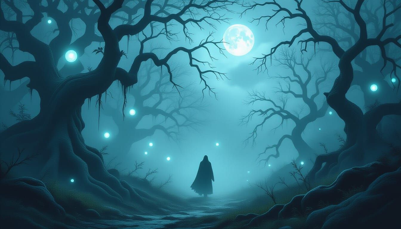 Spectral Traveler in Foggy Forest  by @Jewel Researcher