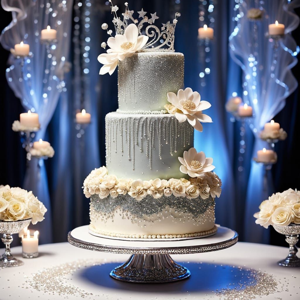 Luxurious 6-Tier Wedding Cake with Silver Pearls and Glitter