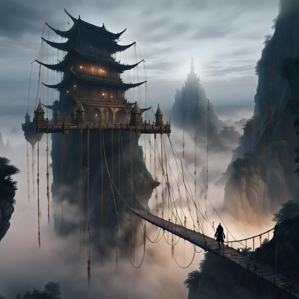 Temples of a hundred hanging ropes  floating in fog over wat...
