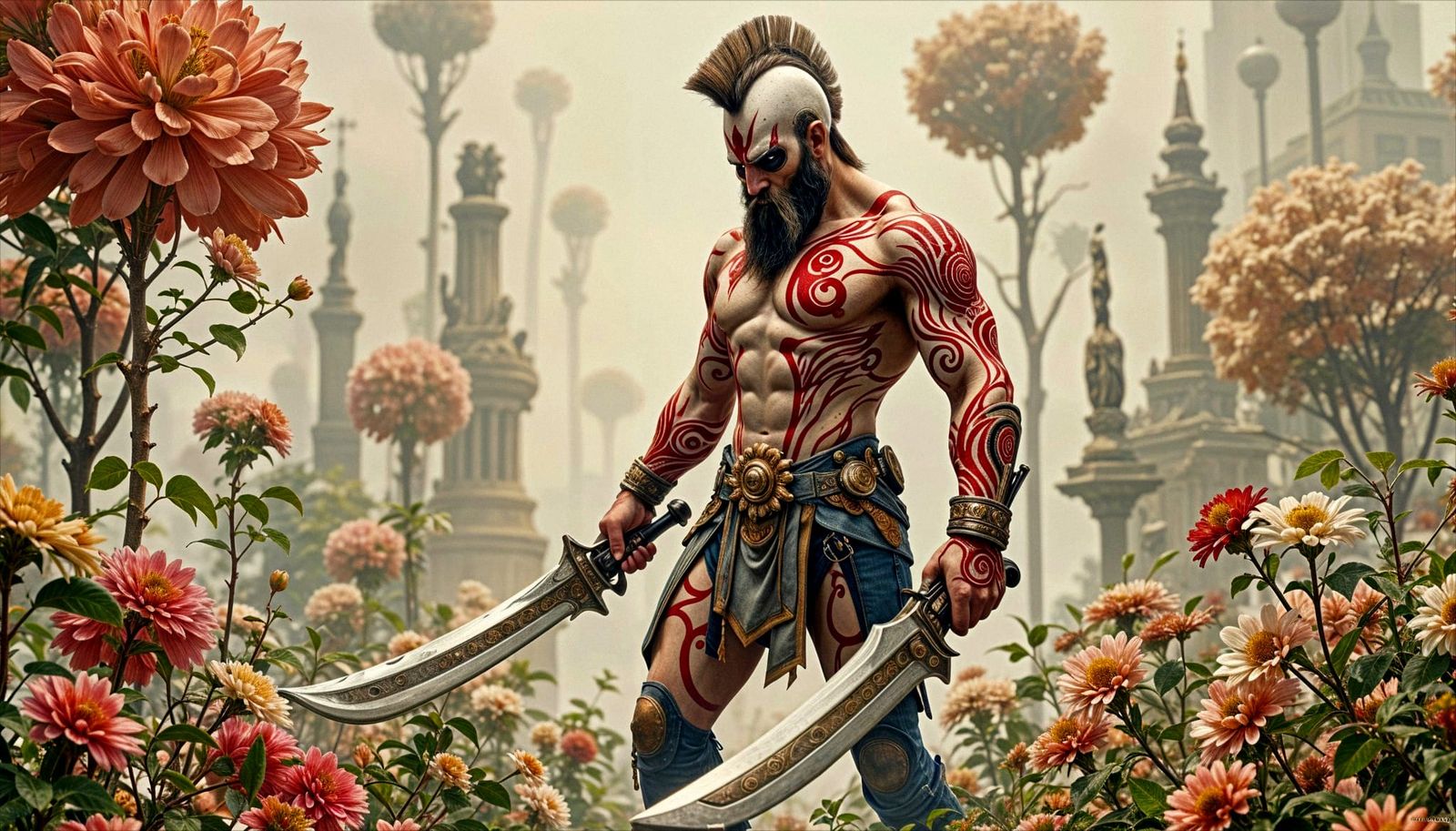 Kratos - Pale skin, red tattoos, Blades of Chaos