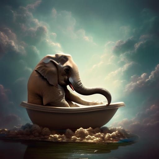 An elephant Bathing in A gorgeous clawfoot tub on a cloud in the sky Insanely detailed hyperdetailed painting by Ismail ...
