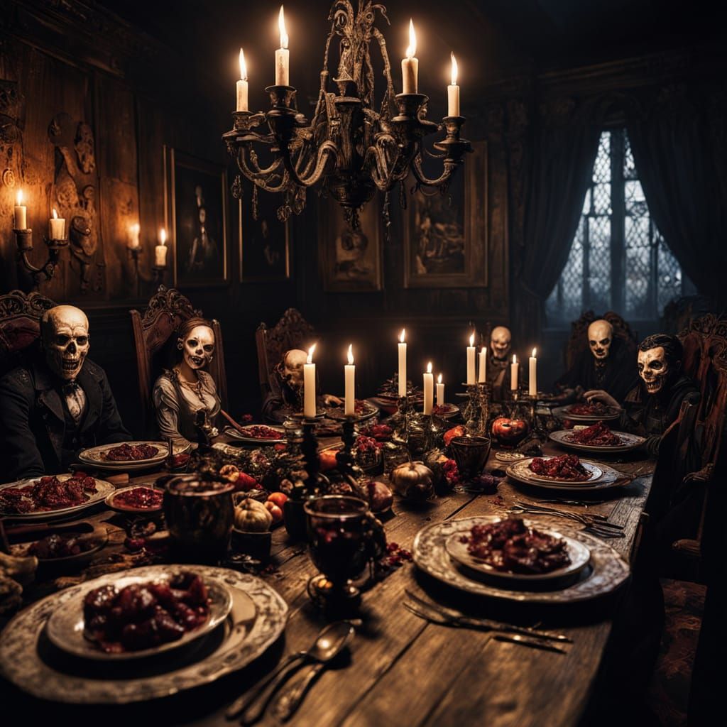 ghouls, vampires and werewolves having a gruesomely gargantuan banquet in a vast candelabra-lit stone hall with rich drapes and ornemented l...