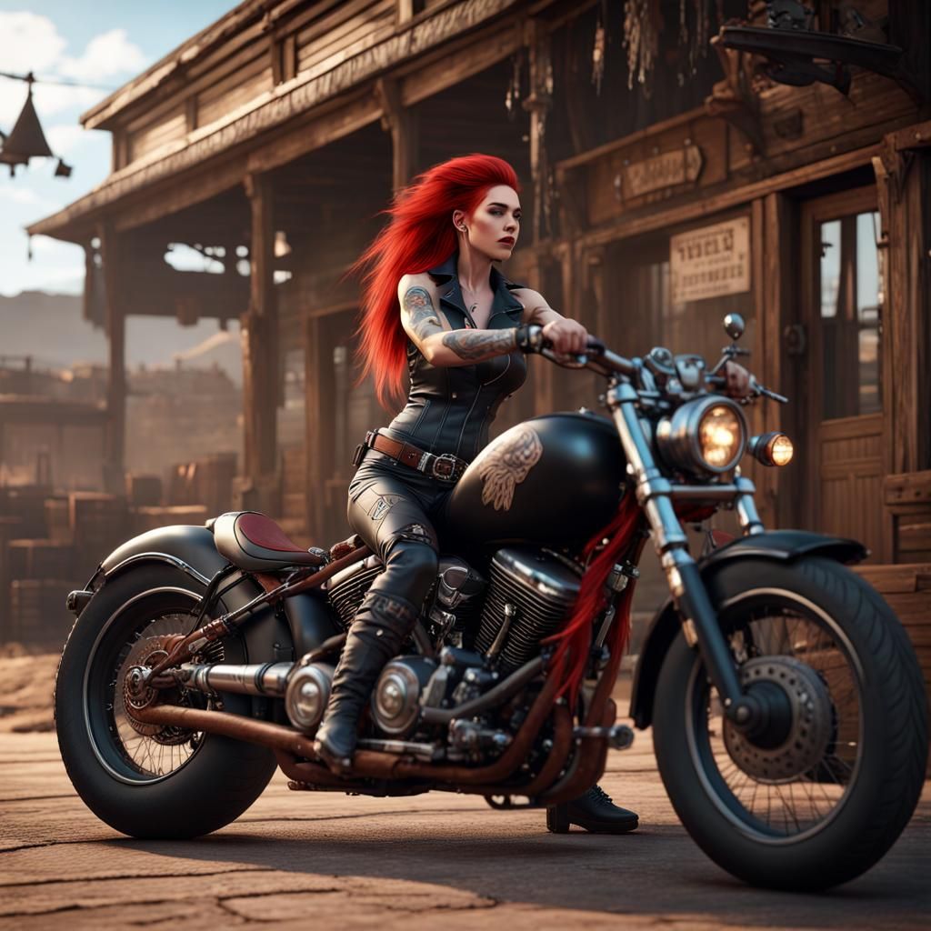 Red hair biker girl with tribal tattoos in black leather posing on a  realistic motorcycle with realistic looking old west saloon background - AI  Generated Artwork - NightCafe Creator