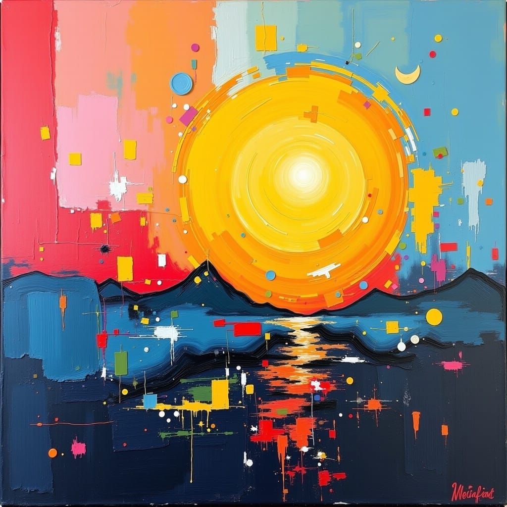 <lora:Modern Absrakt:1.0> Original abstract art painting, Abstract art painting, "MOUNTAIN SUNSET Modern style painting.