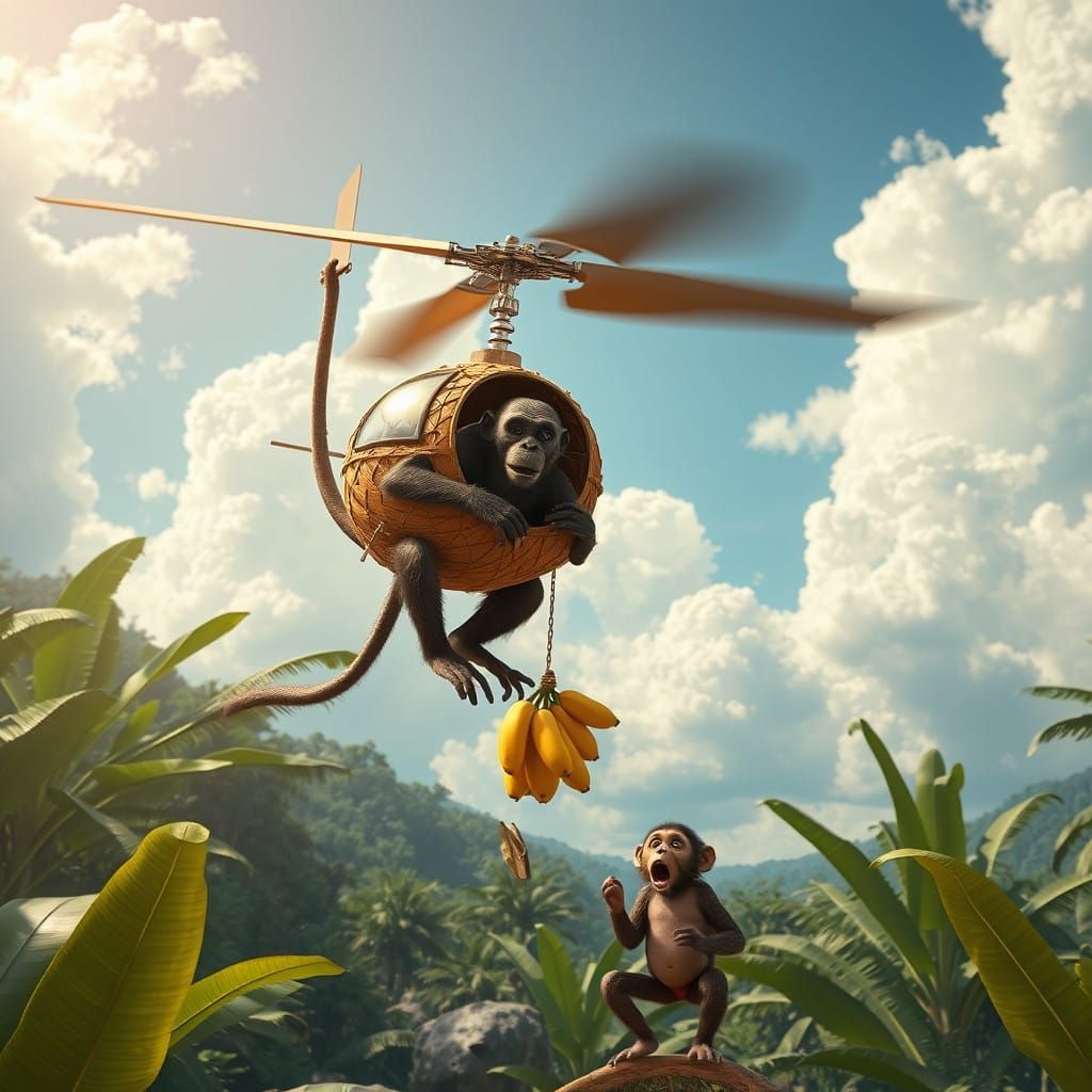 Mystical Monkey Helicopter Soars Above Tropical Jungle
