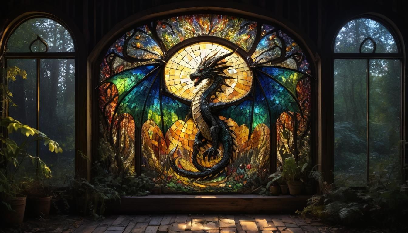 A freestanding mosiac stained glass window in a  old shed of a beautiful dragon  with large gold shiny ...  by @AutumnBear