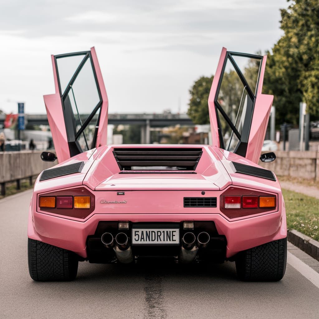 Licence plate with text « 5ANDR1NE ». Pink Countach, opened