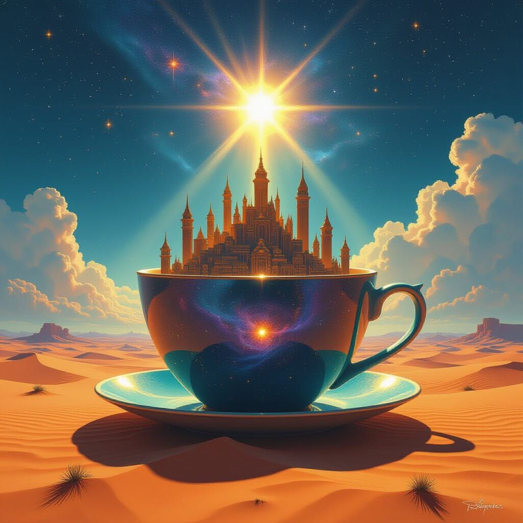 Cosmic City in Teacup Amidst Desert Landscape