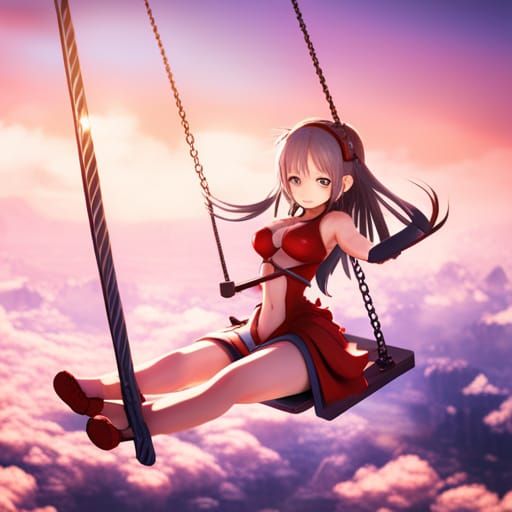 anime girl swinging on a swing with a lot of birds flying around.  generative ai. 28514016 Stock Photo at Vecteezy