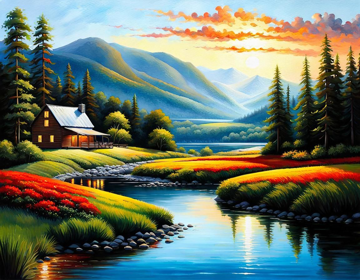 Beautiful Foothills Landscape With River and Cabin-2859-AR4x...