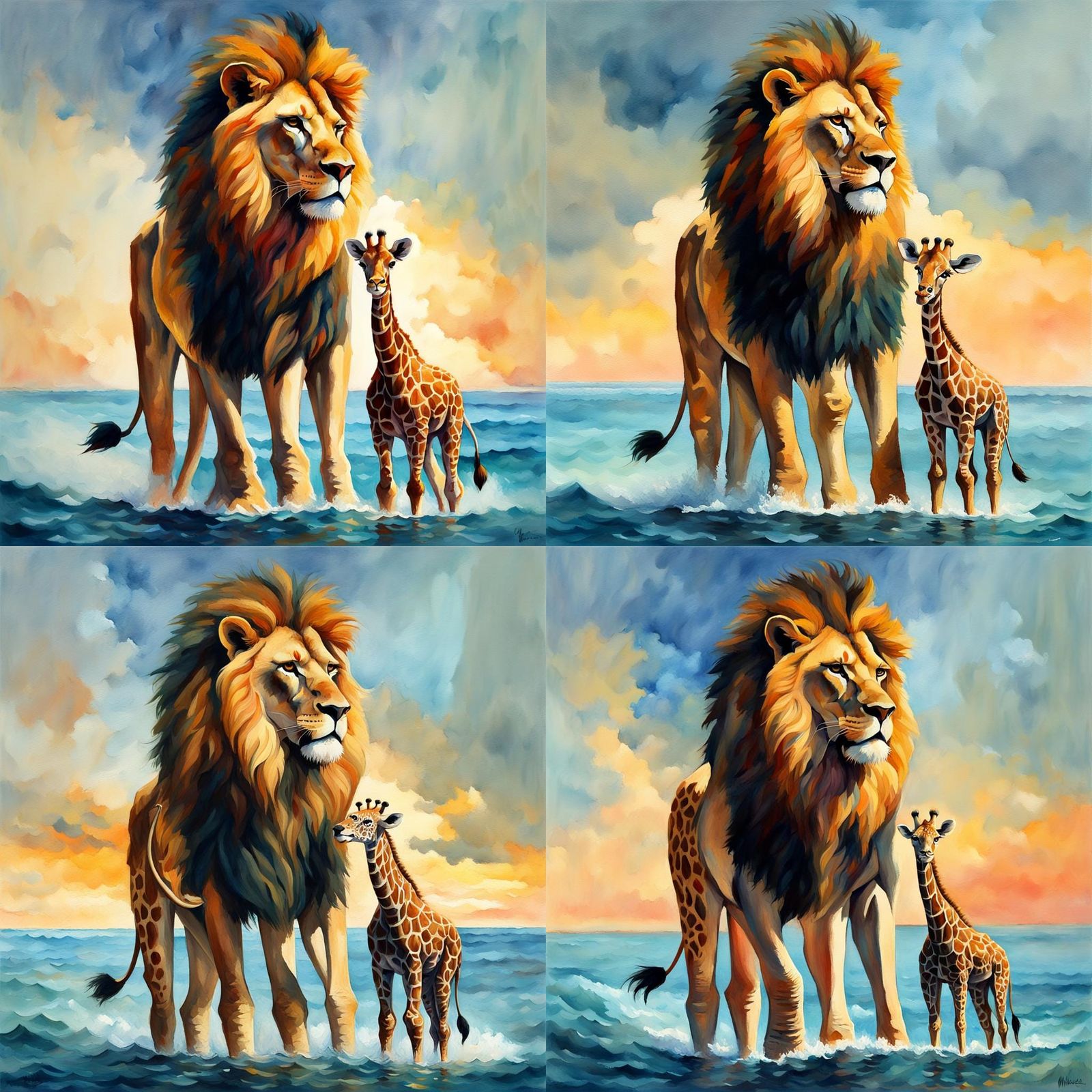 Big lion on the back of a giraffe at the middle of an ocean 