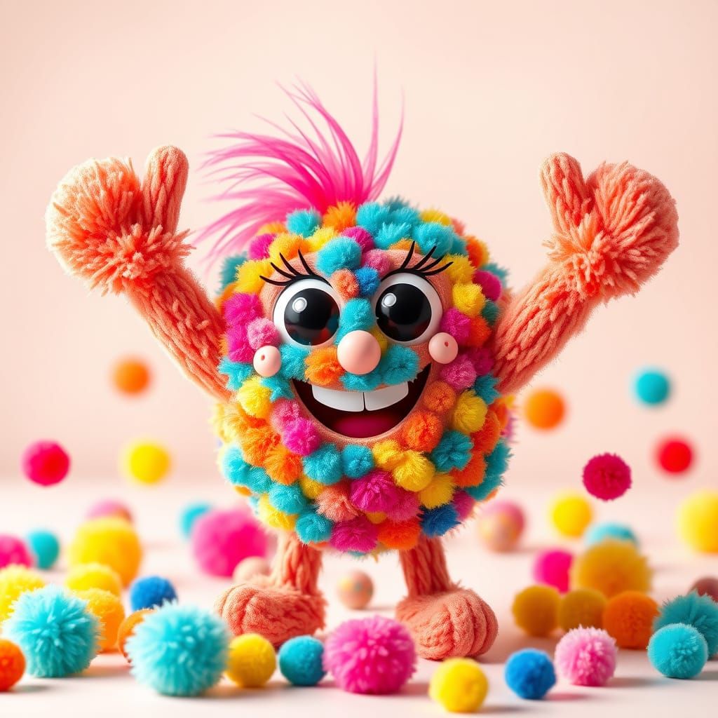 A cheerful cartoon character made entirely of colorful pom poms in different sizes and textures.