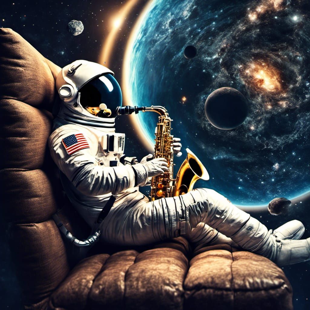 Astronaut playing the saxophone sitting on a couch floating through space intricate details, HDR  by @Bad Bad Monkey