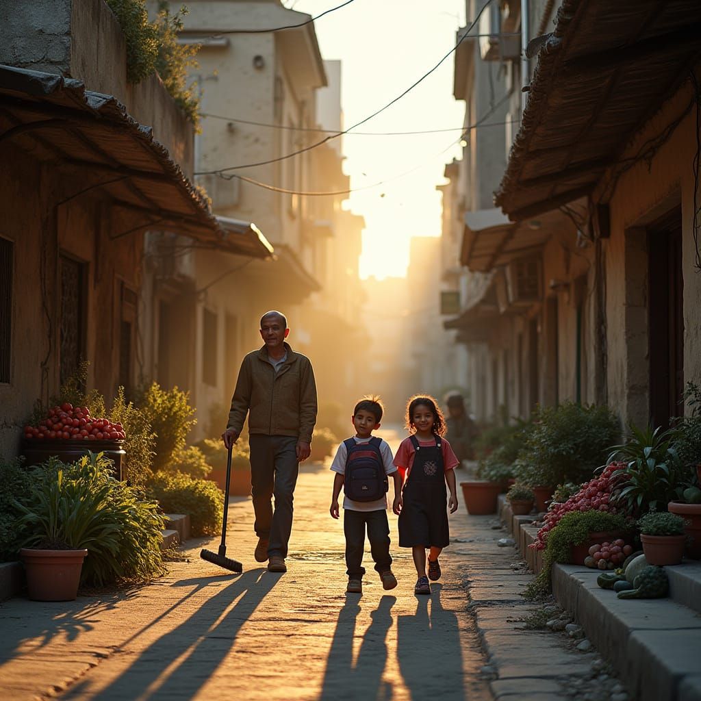 A Syrian street at sunrise, old traditional buildings with some signs of renovation, a small shop opening with fresh veg...
