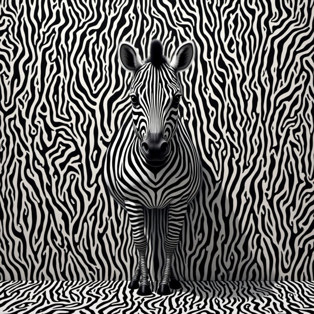 <lora:ZZ ZEBRAPUNK:1.0> optical illusion  of zebra  against a black and white striped wall  by @Terryke