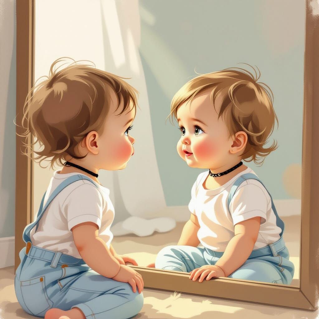 Baby Girl in Denim Looks in Mirror, Storybook Style