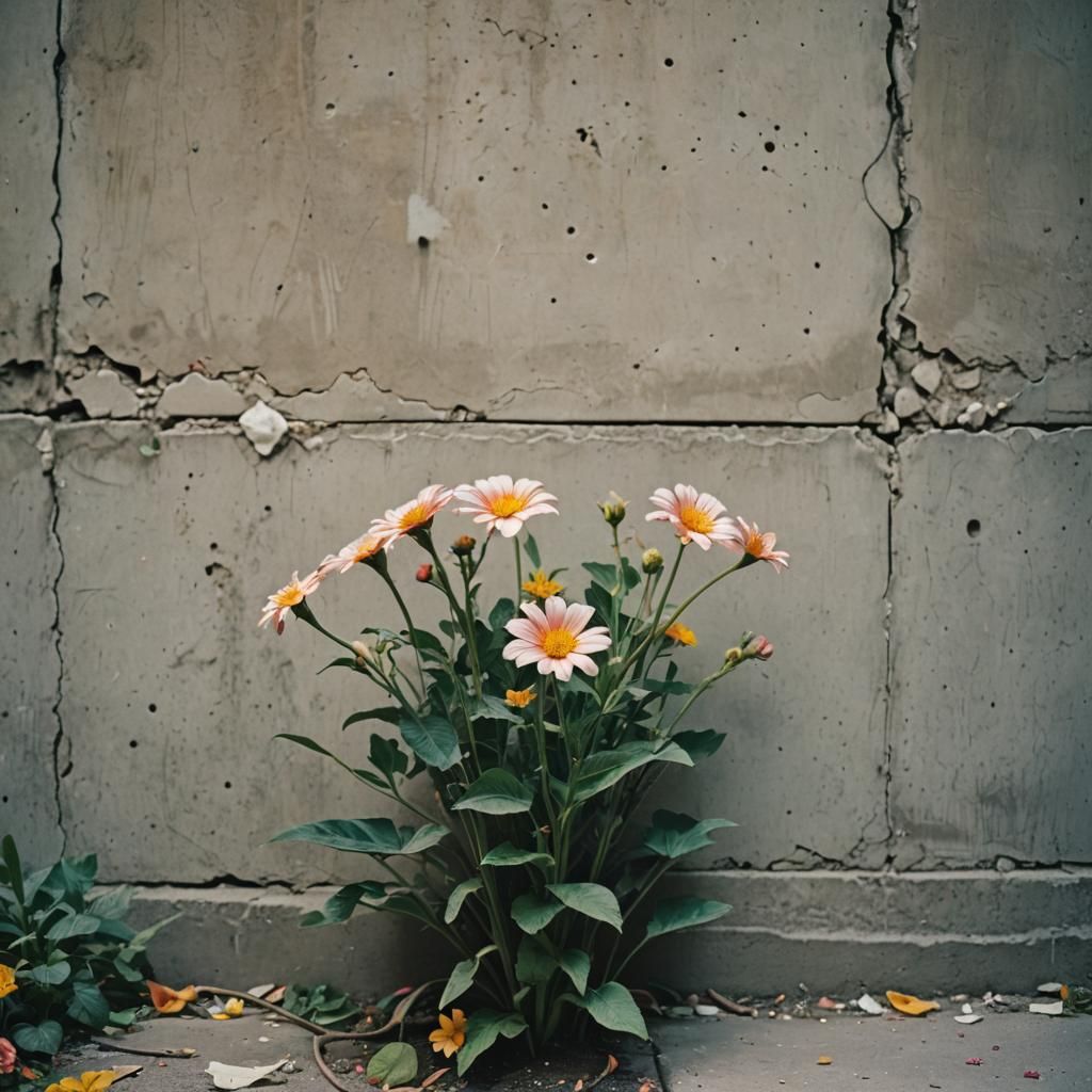 Pale colorful flowers, growing with wificulty out of concret...