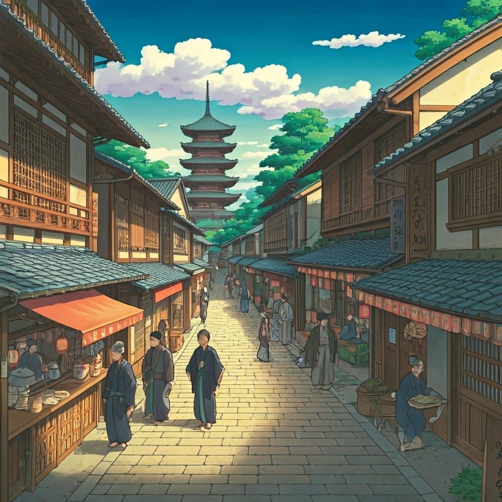 A bustling street scene from old Japan 