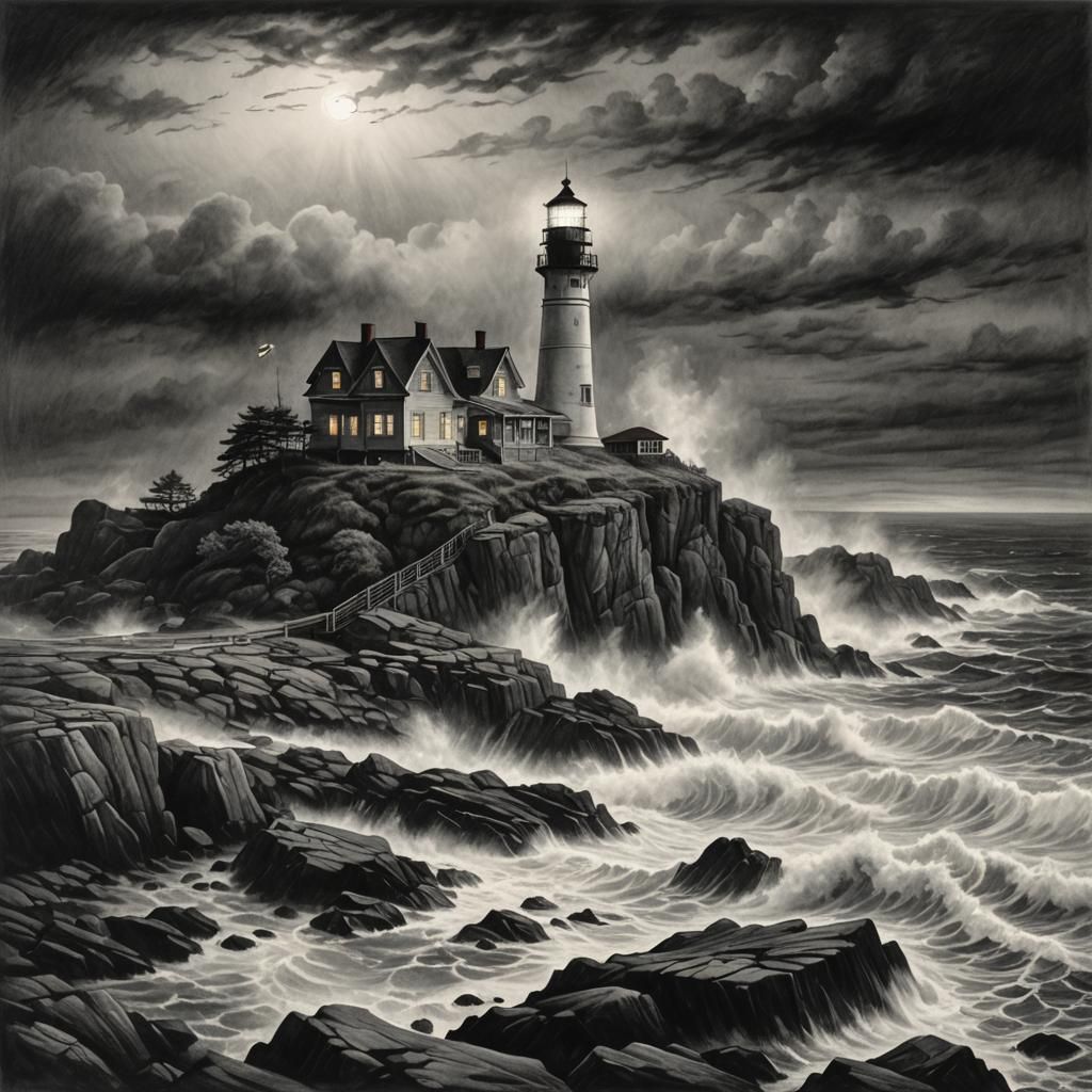 1 light house on a rocky shore in a stormy night with fog ob...