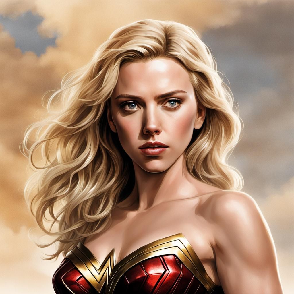 blonde Scarlett Johansson masterpiece monday, wonder woman, with (inviting  eyes: 1.5) and (inviting pose: 1.5), | https://creator.nightcafe.... - AI  Generated Artwork - NightCafe Creator