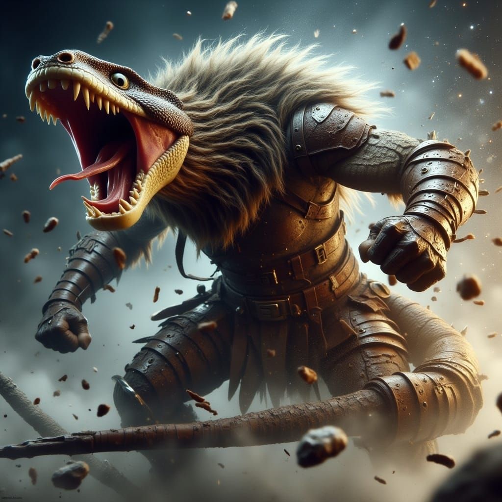  <lora:Battle Animals Flux:1.0> Anthropomorphic Battle Animal Snake