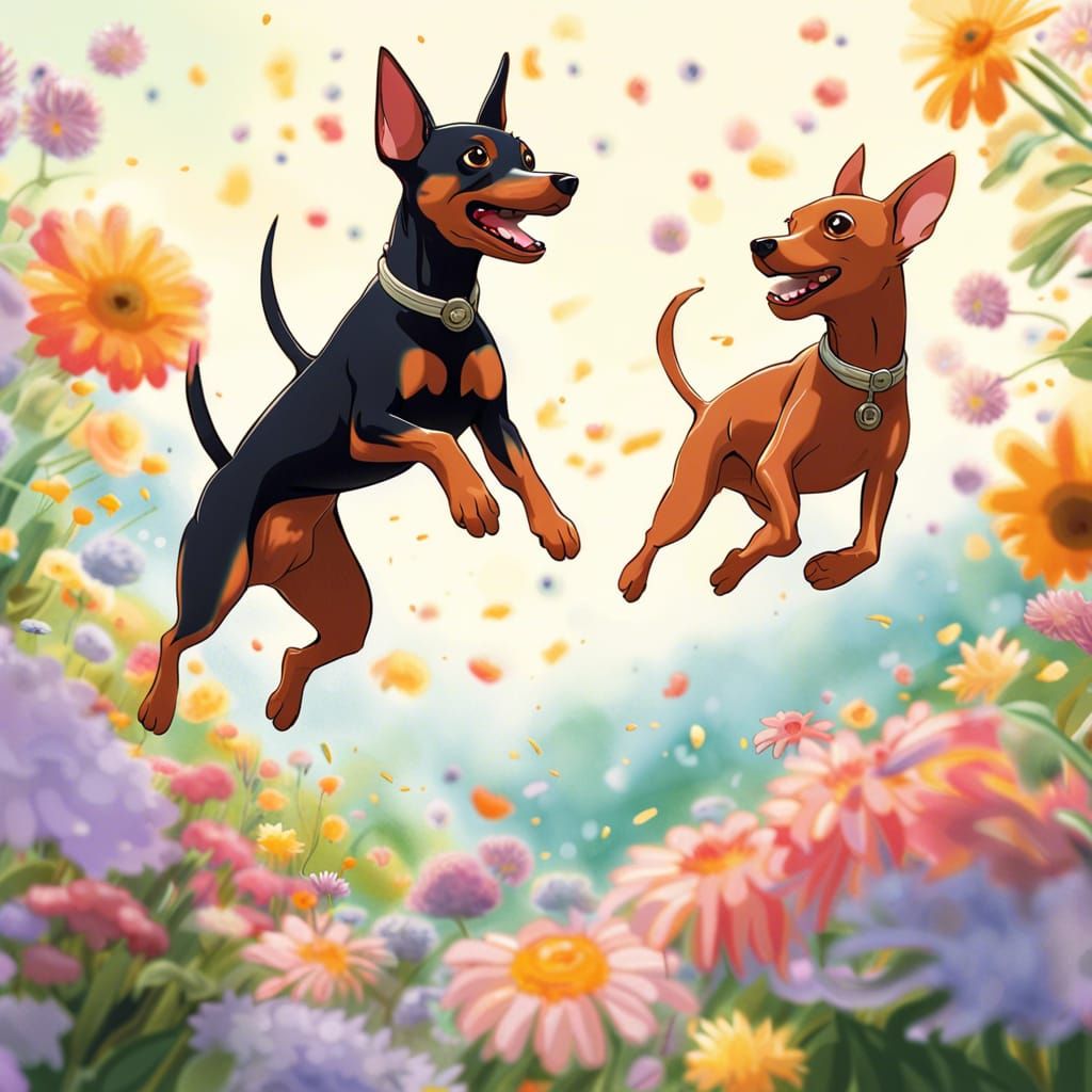 Two small happy pinscher (anatomically correct) jumping, wit...