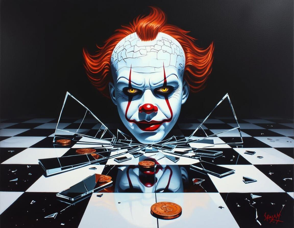 OIL PAINTING SPECIAL FX,  BLACKLIGHT surreal scene featuring shattered mirror shards on a black and white checkered floor, with fragmented r...