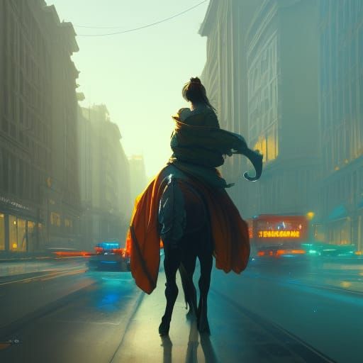 Lady on horse riding through deserted town