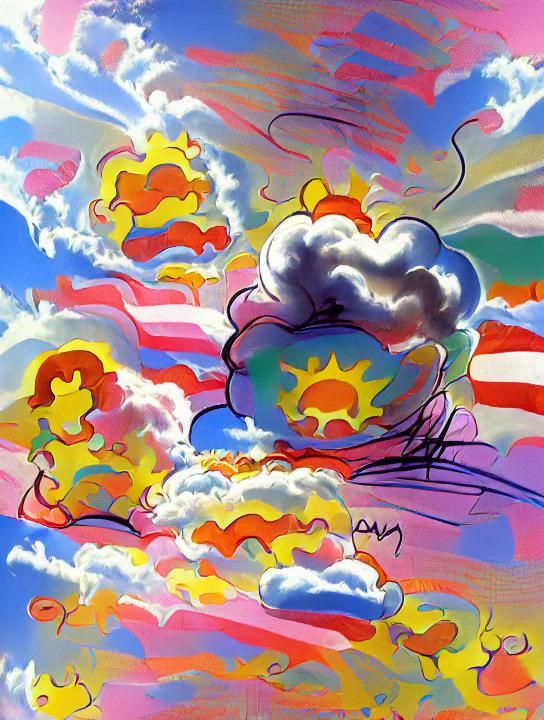 (complex psychedelic drawing Peter Max) Clouds and Sunshine