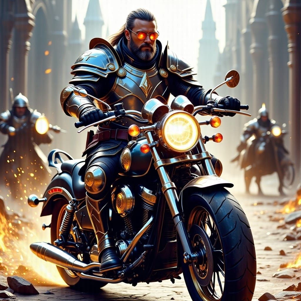 <lora:Flux Battlemage:1.0> A man in sunglasses on a motorcyc...