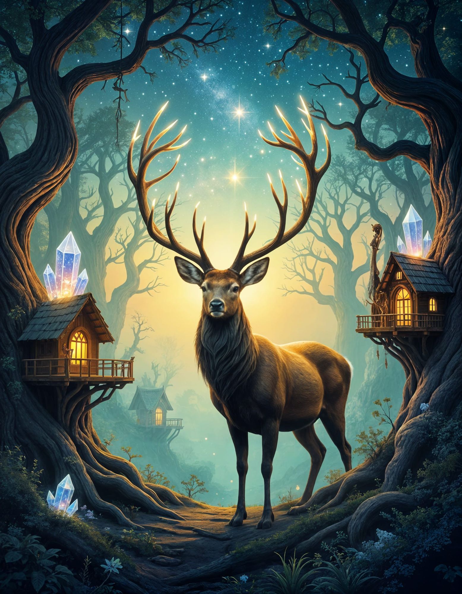 A surreal cosmic forest scene featuring a majestic deer with celestial antlers, acting as a mystical architect. The deer is building miniatu...