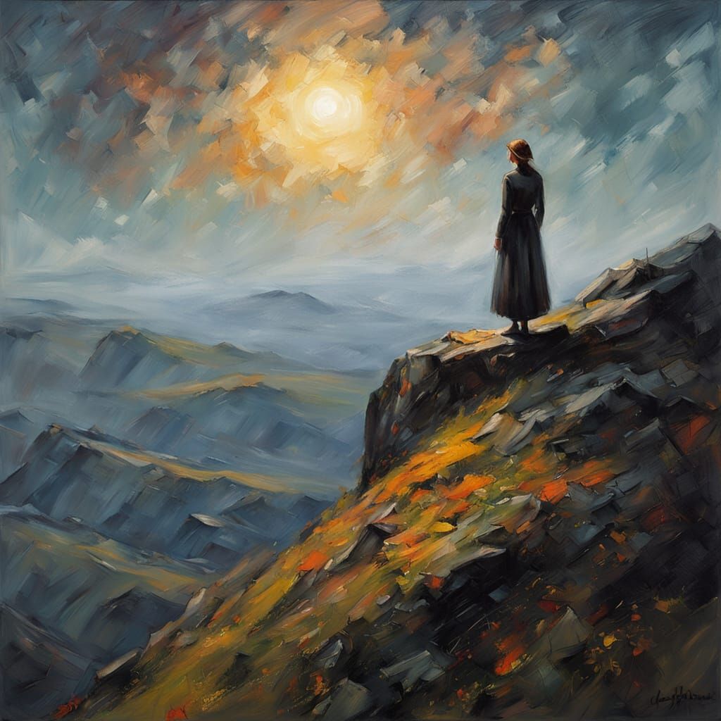 Impressionist Oil Painting: Woman Gazes at Starry Mountain S...
