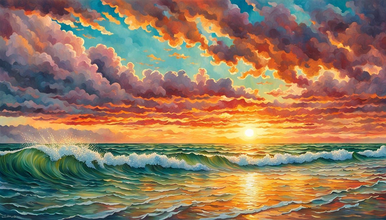 colorful vibrant Sunset over the ocean, Rays of Sunlight peaking through the clouds | 16k resolution, ...  by @Mr Classics