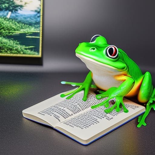 Mad scientist frog wearing white lab coat reading magic spells book and