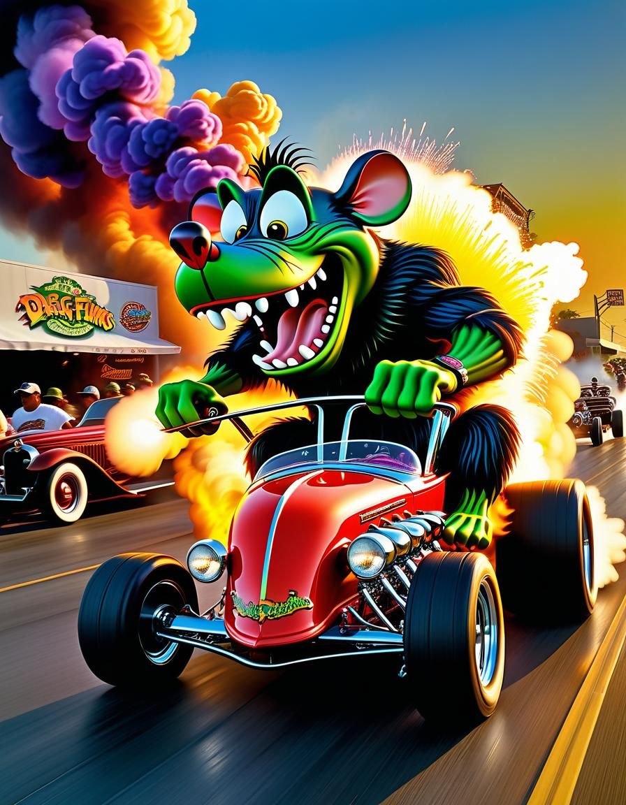 Ed Roth rat fink driving in a colorful dragster