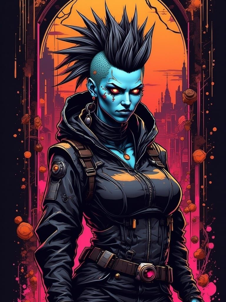 <lora:Gutterballfl:1.0>    Ink Linework Ornament Colored planetside scene of a fierce mohawked cyberpunk mercenary cell shaded pin up with V...