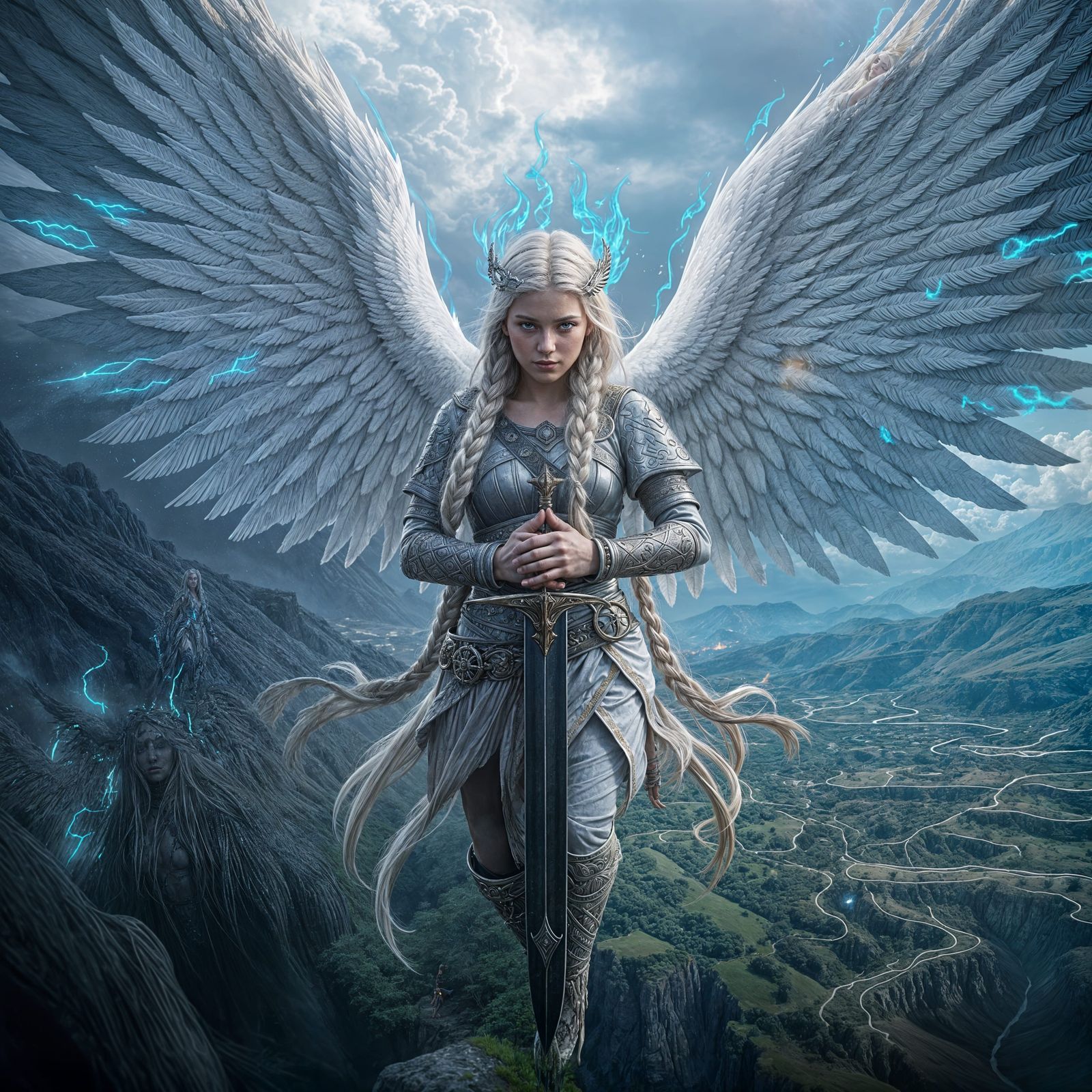 Photorealistic detailed viking female angel with long white hair. Her hair is braided around the crown ...  by @ Mr Squatch
