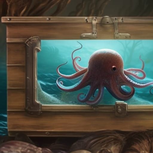 Realistic octopus crawling out of a box on the ocean floor